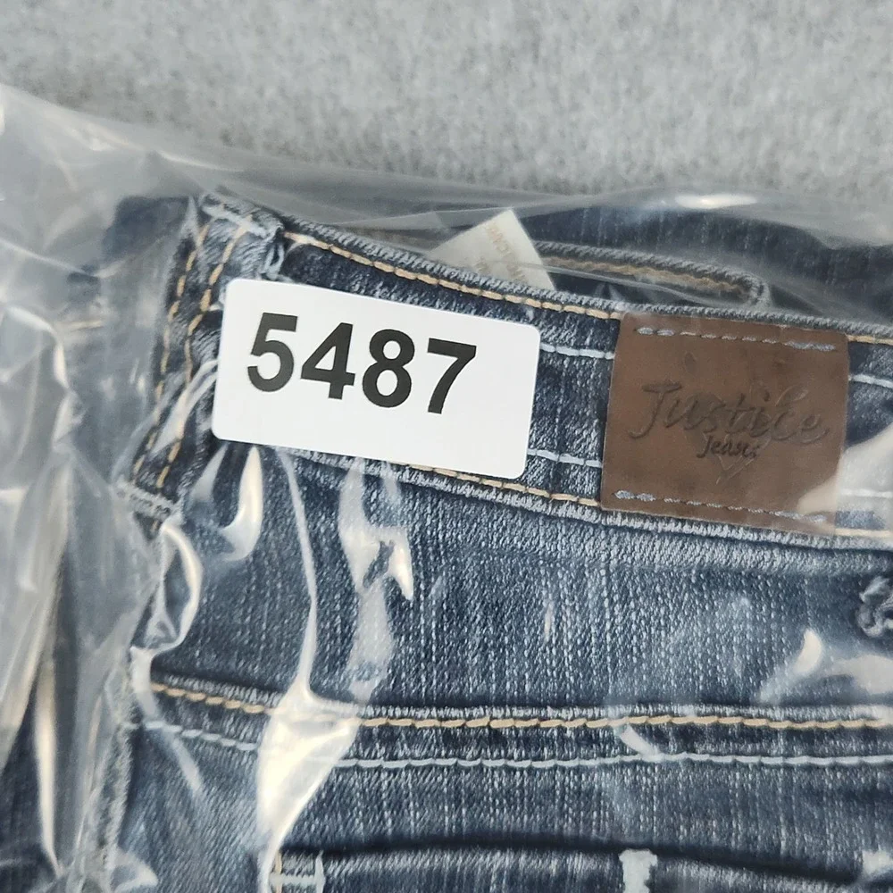 Justice Jeans Girls 8S Blue Denim Whiskering Distressed Flap Pocket Flared Leg